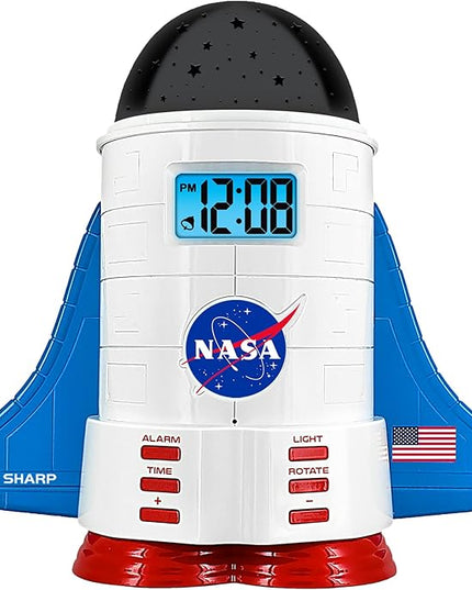 Sharp NASA Space Shuttle Night Light Alarm Clock – Wings and Booster Lights Up – Space Design Nightlight Fun with 4 Color Options and 2 Space Themes for Bedroom, Great Gift!