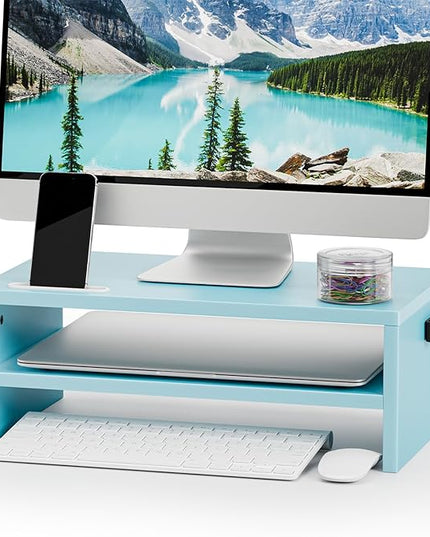 Marbrasse Monitor Stand Riser, 16.5 Inch 2 Tier Computer Printer Shelf Stand for Laptop Computer Screen Storage, Desktop Stand with Phone Holder and Cable Management (Blue)