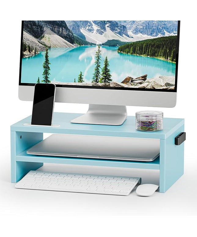 Marbrasse Monitor Stand Riser, 16.5 Inch 2 Tier Computer Printer Shelf Stand for Laptop Computer Screen Storage, Desktop Stand with Phone Holder and Cable Management (Blue)