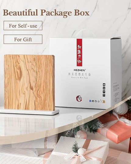 HEZHEN Double-sided Magnetic Knife Holder without Knives, Olive Wood Knife Block for Kitchen Counter, Space-saving Knife Storage, Strong Enhanced Magnets Strip, Non-slip Marble Base