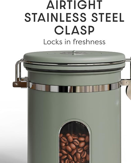 Veken Coffee Canister with Window, Airtight Stainless Steel Kitchen Food Storage Container with Lids, Date Tracker and Scoop for Grounds Coffee, Beans, Tea, Flour, Cereal, Sugar Jars, 22OZ, Green