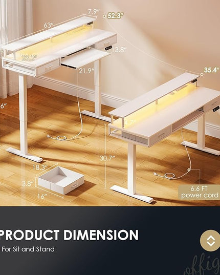 OffiGo Electric Standing Desk with Drawers & Keyboard Tray, 63 Inch Height Adjustable Desk with Power Outlets & LED Lights, Sit Stand Table with Monitor Stand for Home, Office, White