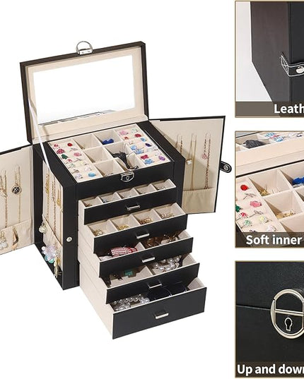 BOOVO Jewelry Box For women, 6 Layer Large Jewelry Organizer With Mirror, Multi-Function Storage Box With Lock, Accessory Holder With 5 Drawers, For Earrings Necklace Ring Bracelet (Black)