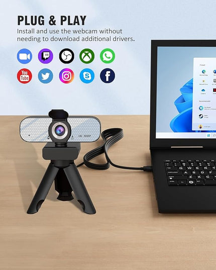 1080P HD Webcam with Built-in Microphone, Rotatable Tripod, Wide-Angle Lens,Privacy Cover, Auto Light Correction, Plug & Play USB-A Webcam for Laptop, Desktop, PC, Streaming-White