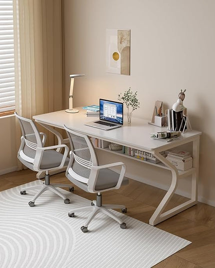 Extra Long Desk with Bookshelf - 55" Double Long Writing Table for 2-Person Workstation, Modern Study Work Computer Desk for Home and Office, Warm White