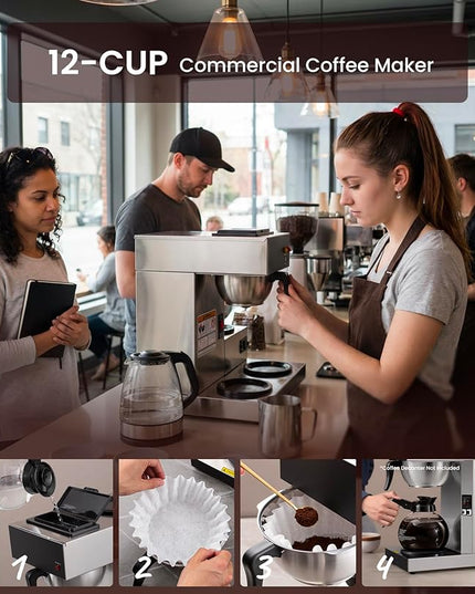 SYBO Commercial Coffee Maker 12 Cup, Pour Over Drip Coffee Maker Brewer with 3 Lower Warmers, Stainless Steel Cafetera