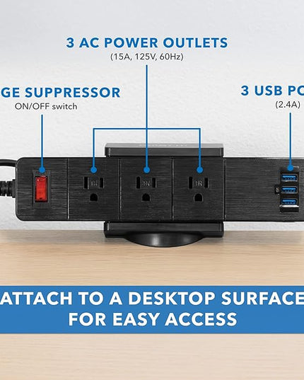 Mount-It! Power Strip Holder Clamp Desk Mount with Included Surge Protector | Black Desktop Power Outlet with 3 USB Ports and 3 AC Power Outlets | Adjustable Power Strip Clamp Mount