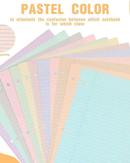 PerKoop 600 Sheets Colored Loose Leaf Paper 8.5" x 11" college ruled Lined 3 Hole Punched notebook Filler Paper for 3 Ring Binders Office School Supplies (Aesthetic Color)