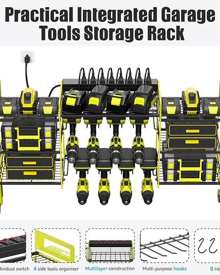 CCCEI Green Power Tool Organizer Wall Mount, Large Tools and Battery Storage Rack Charging Station Individual Switches. Drills Holder, Garage Utility Shelves with 6FT Power Strip. Gift for Men.
