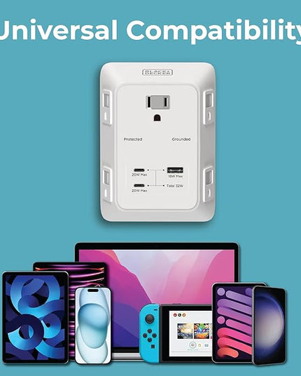 BLACK+DECKER PD USB Wall Charger Surge Protector, 5 Outlet Extender w/ 2 USB C PD & 1 USBA Charging Ports, Fast Charge 3 Sided Power Strip Multi Plug Outlets Wall Adapter for Home Office, ETL Listed