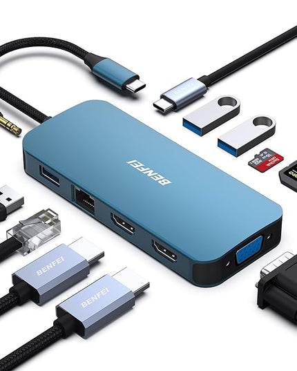 BENFEI 11-in-1 USB C Hub Triple Display Docking Station Dual HDMI, VGA, 3*USB 3.0, 1Gbps Ethernet, 100W Power Delivery, SD/TF Card Reader, 3.5mm AUX Audio Compatible with MacBook XPS Surface