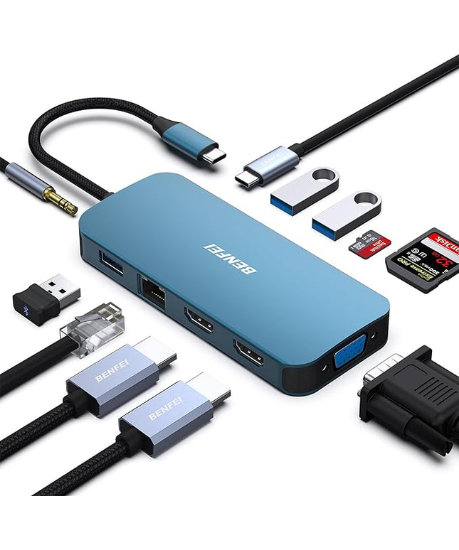BENFEI 11-in-1 USB C Hub Triple Display Docking Station Dual HDMI, VGA, 3*USB 3.0, 1Gbps Ethernet, 100W Power Delivery, SD/TF Card Reader, 3.5mm AUX Audio Compatible with MacBook XPS Surface