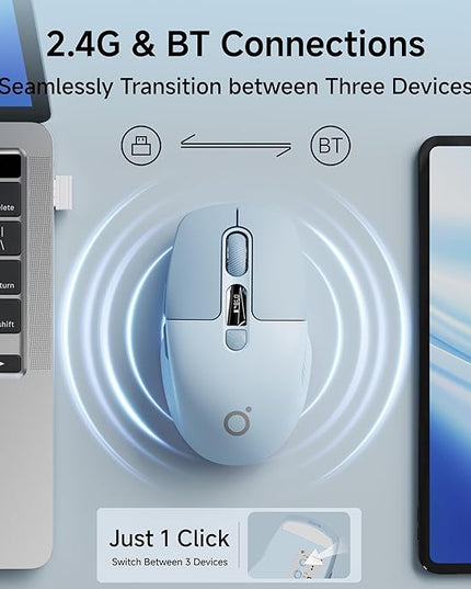 EWEADN Q1 Wireless Mouse, BT & 2.4G Silent Mouse Quiet Click with 1600 DPI Levels, Battery & DPI LED Screen Display, 6 Button Small Portable Bluetooth Mouse for Laptop/PC/Mac-Blue