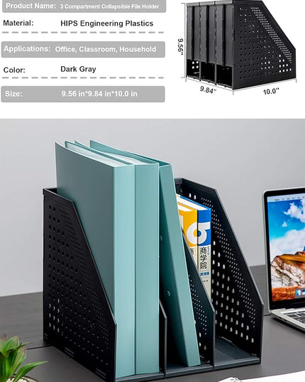 Leven Collapsible Magazine File Holder/Desk Organizer for Office Organization and Storage with 3 Vertical Compartments, Dark Grey,
