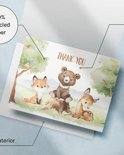 Twigs Baby Shower Thank You Cards with Envelopes - 12 Set Baby Shower Cards for Girl, New Baby Congratulations Cards, Welcome Baby Card, Made in the USA - Forest Animal Designs, 5.5 x 4.25 Inch Size