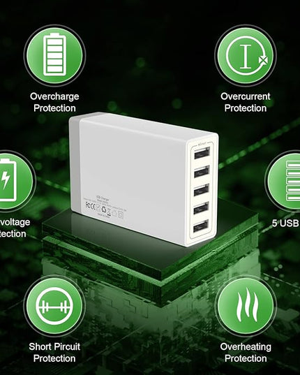 USB Wall Charger, Desktop USB Charging Station for Multiple Devices, 40W 8A, 5 Port,Travel Portable Charger for Cell Phone, Tablet