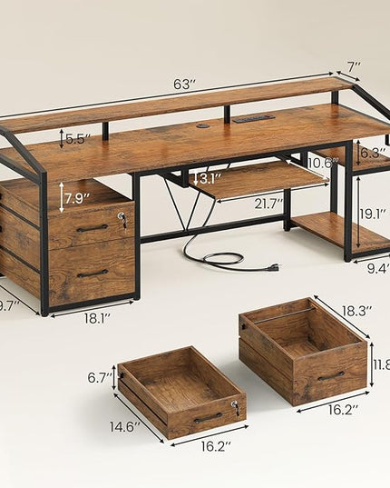 SEDETA 63" Computer Desk, Office Desk with Lock Drawers for Legal/Letter File, Gaming Desk with LED Light & Power Outlet, Home Office Desks for Printer, Rustic Brown