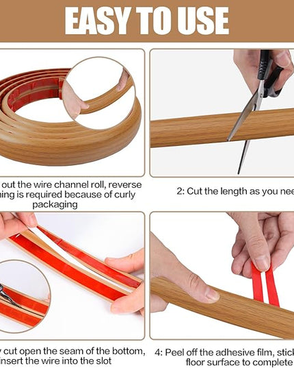 Floor Cord Cover Self Adhesive Cord Hider,10FT Cable Management, Extension Strip Protector for Wires, Prevent Cable Trips for Offices, Gyms, Exhibitions Cavity:0.3"(W) x 0.28"(H) Brown Wood
