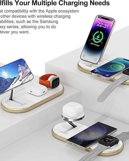 Magnetic Charging Station, 3 in 1 Faster Mag-Safe Wireless Charger Stand, Wireless Charging Pad for Apple Devices, iPhone 17/16/15/14/13/12 Series, iWatch Series, AirPods (Golden)