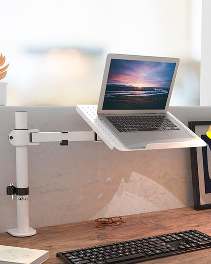 WALI Laptop Mount Arm for Desk, Laptop Tray, Fully Adjustable, up to 17 inch, 22lbs, with Vented Cooling Platform Stand (M00LP-W), White