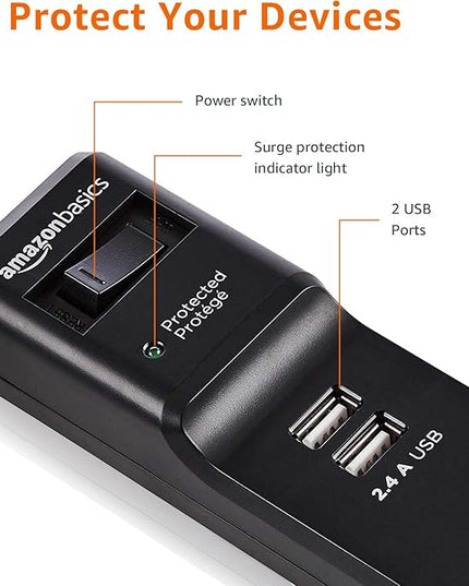 Amazon Basics Surge Protector Power Strip with 6 Outlets, 2 USB Ports, 1000 Joule, 6-Foot Cord Length, Black