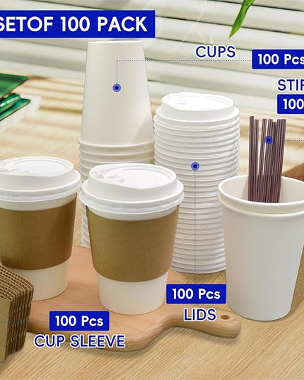 100 Pack 12oz Disposable Coffee Cups With Lids straws sleeves, Disposable cups, Paper Cup, Tea Cups for Hot To Go Coffee k cups with lids, Cupping set,Beverages, shop Home Office Party Travel