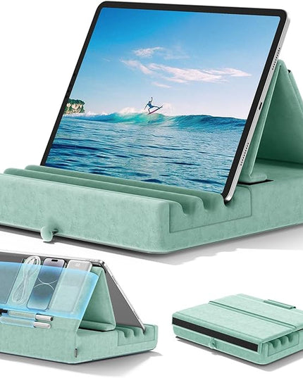 KDD Tablet Pillow Holder, Foldable iPad Stand for Lap, Bed and Desk -Tablet Soft Pad Dock with Pocket & Stylus Mount Compatible with iPad Pro 12.9, 10.5, 9.7 Air Mini 6 5 4 3, E-Reader