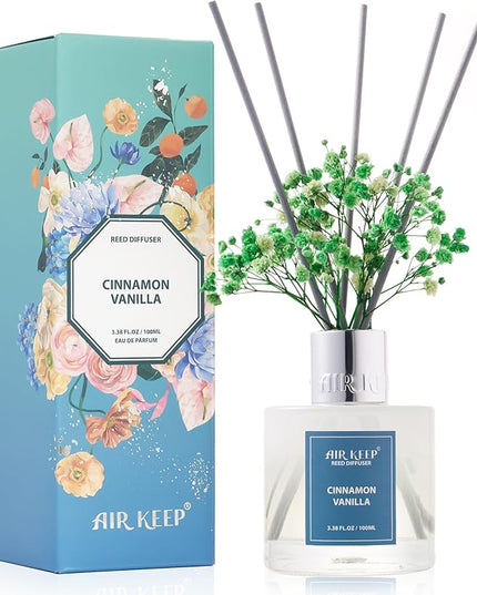 Airkeep Reed Diffuser Set,3.38 fl oz (100 ml) - Cinnamon Vanilla Oil Diffusers with 8 Reed Sticks, Home Fragrance Reed Diffuser for Bathroom Shelf Decor