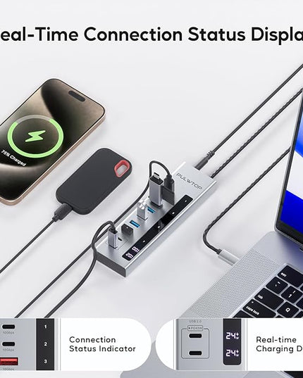 Powered USB C Hub, 10-in-1 USB 3.2 Data Hub with 3 x USB A/C 10Gbps, 3 x USBA 5Gbps, USB A 2.0, 100W PD-in, 2 x 24/45W Type-C Charging Ports (72W Adapter Included)