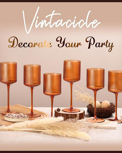 Halloween Decorations Maple Colored Square Wine Glasses Set of 6, Elegant Ribbed Design Amber Crystal Glassware with Long Stem, 11.5oz Hand Blown Stemware For Halloween, Thanksgiving