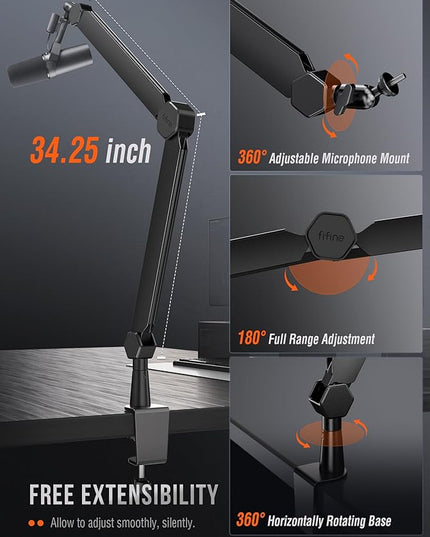 FIFINE Mic Arm Stand, Microphone Boom Arm with Desk Clamp, Cable Channels, 3/8" to 5/8" Threads, Heavy Metal Microphone Stand for Podcast, Vocal Recording, Gaming-BM66 Black