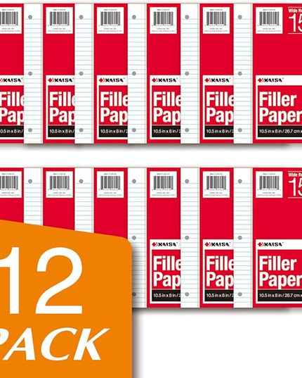Kaisa loose Leaf Paper Filler Paper 150 Sheets 8"x10.5",Wide Ruled, 3-Hole Punched for 3-Ring Binders, Carton of 12pack