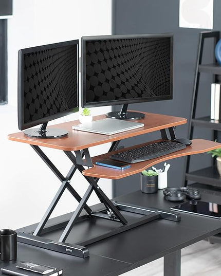 VIVO 36 inch Desk Converter, K Series, Height Adjustable Sit to Stand Riser, Dual Monitor and Laptop Workstation with Wide Keyboard Tray, Dark Walnut Top, Black Frame, DESK-V036KA