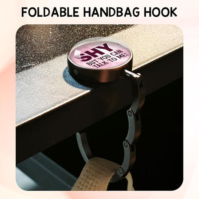 YAZMEEN Humor Saying Foldable Purse Hook for Table, Shy But You Can Talk to Me, Women's Handbag Hanger Holder, Portable Purse Table Hanger, Funny Desk Hook Gifts for Women Mom Wife Sister Friend BFF