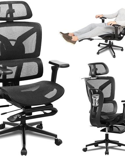Ergonomic Office Chair with Footrest, 5D Adjustable Armrests, Comfy Swivel Rolling Mesh Computer Desk Chair with Lumbar Support, Adjustable Seat Depth, Wheels for Home, Gaming, S2 Elite Pro