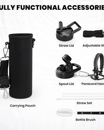 Insulated Water Bottle 24oz, Triple Wall Vacuum Stainless Steel (Cold for 48 Hrs, Hot for 24Hrs), Leak Proof & Non-BPA, 24oz Hydro Water Flask with Paracord Handle & Straw Spout Lids