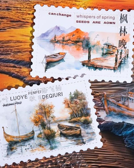 Dwpetzo Vintage Lake Boat Scenery Scrapbook Stickers Set, 120 Pieces Decorative Transparent PET Stickers for Journaling, Junk Journal Supplies, Collage, Scrap Book, Bujo