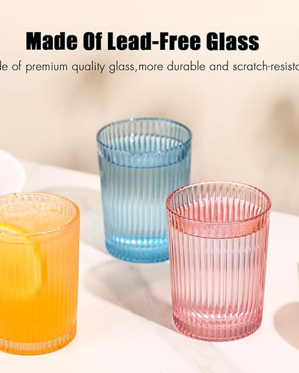 Ribbed Juice Glasses 10 oz. Set Of 6 Glass Cups - Drinking Beverage Tumblers for Soda, Water, Milk, Coke, and Spirits, Durable Heavy Bottom Juice Glassware-For Home and Bars