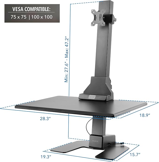 Mount-It! Electric Standing Desk Converter - Motorized Sit-Stand Desk Riser with Monitor Mount, Standup Powered Desktop Lift for Single Monitor up to 32", 28" Wide Keyboard Tray, Adjustable Height