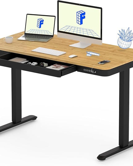 FLEXISPOT Comhar Electric Standing Desk with Drawer Desktop & Adjustable Frame w/USB Charge Ports (Bamboo-Look Laminate/Black, Wood)