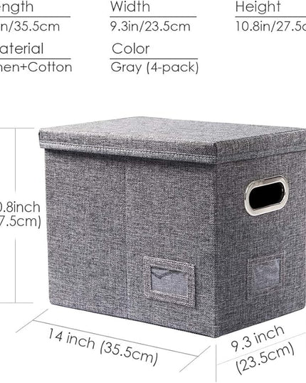 PRANDOM File Organizer Box - Set of 4 Collapsible Decorative Linen Filing Storage Hanging File Folders with Lids Office Cabinet Letter Size Grey (14x9.3x10.8 inch)
