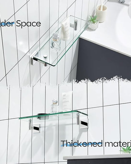 KOKOSIRI Bathroom Shelves Wall Mounted Floating Glass Shelf Polished Stainless Steel 16-Inch Small Hanging Rack for Storage/Room Decor B1105CH-L16