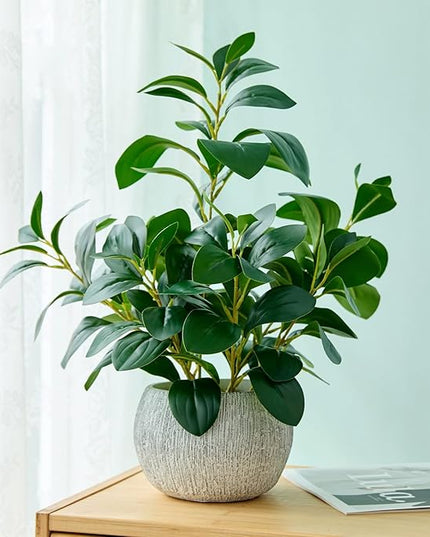 AlphaAcc 17.8 Inch Artificial Ficus Plant Potted Faux Greenery in Gray Round Vertical Striped Cement Planter with Pebbles Realistic Fake Plant for Indoor Modern Home Kitchen Living Room Office Decor
