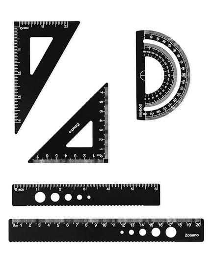 Zotemo Metal Geometry Set, 5-Piece Aluminum Ruler, Math Drafting Ruler Kit Includes Protractor, Triangle Rulers, Straight Rulers-Math Measurement Tools for School and Office Supplies (Black)