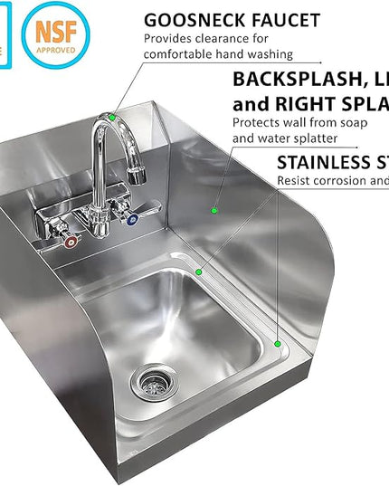 Stainless Steel Wall Mount Hand Basin with Gooseneck and Side Splash Guard. (16" x 12" Side Splash) Deep x long