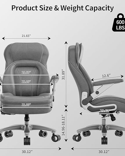 Big and Tall Office Chair, 600lbs Heavy Duty Desk Chair with 5D Arms, Adjustable Lumbar Support & Height, Tilt Function, PU Leather High Back Ergonomic Executive Computer Chair with 3'' Silent Casters