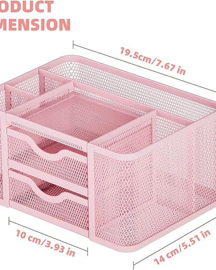 Marbrasse Mesh Desk Organizer, Pen Organizer with 2 Drawer, Multi-Functional Pencil Holder, Desk Organizers and Accessories with 5 Compartments + Drawer for Office Art Supplies (Pink)