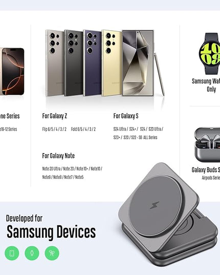 KU XIU Wireless Charger for Samsung,Zinc Alloy Foldable 3 in 1 Wireless Charging Station for Samsung Galaxy S25 Ultra S24 S23 S22 Note Z Fold 7 Flip/Buds,Fast Charger for Galaxy Watch Ultra 8 7 6 5 4