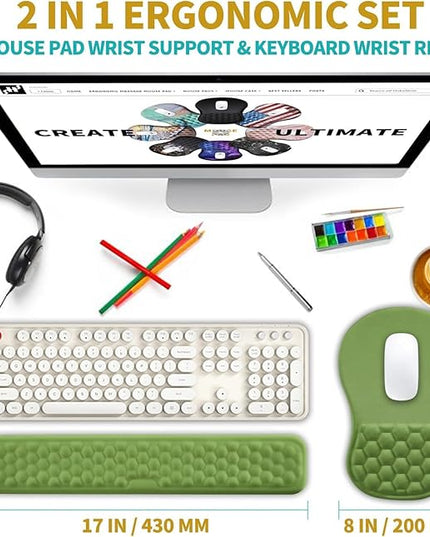 Hokafenle 2 in 1 Ergonomic Mouse Pad Wrist Support & Wrist Rest for Computer Keyboard Set, with Relieve Carpal Tunnel Pain Massage Bulge and Full Memory Gel Design (2In1 Set, Grass Green)