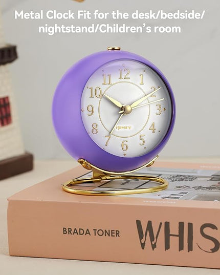 rjuwurv Metal Desk Alarm Clock, Retro Bedroom Table Vintage Analog Silent Non-Ticking Gold Alarm Clock, Bedside Decor(Violet Purple)